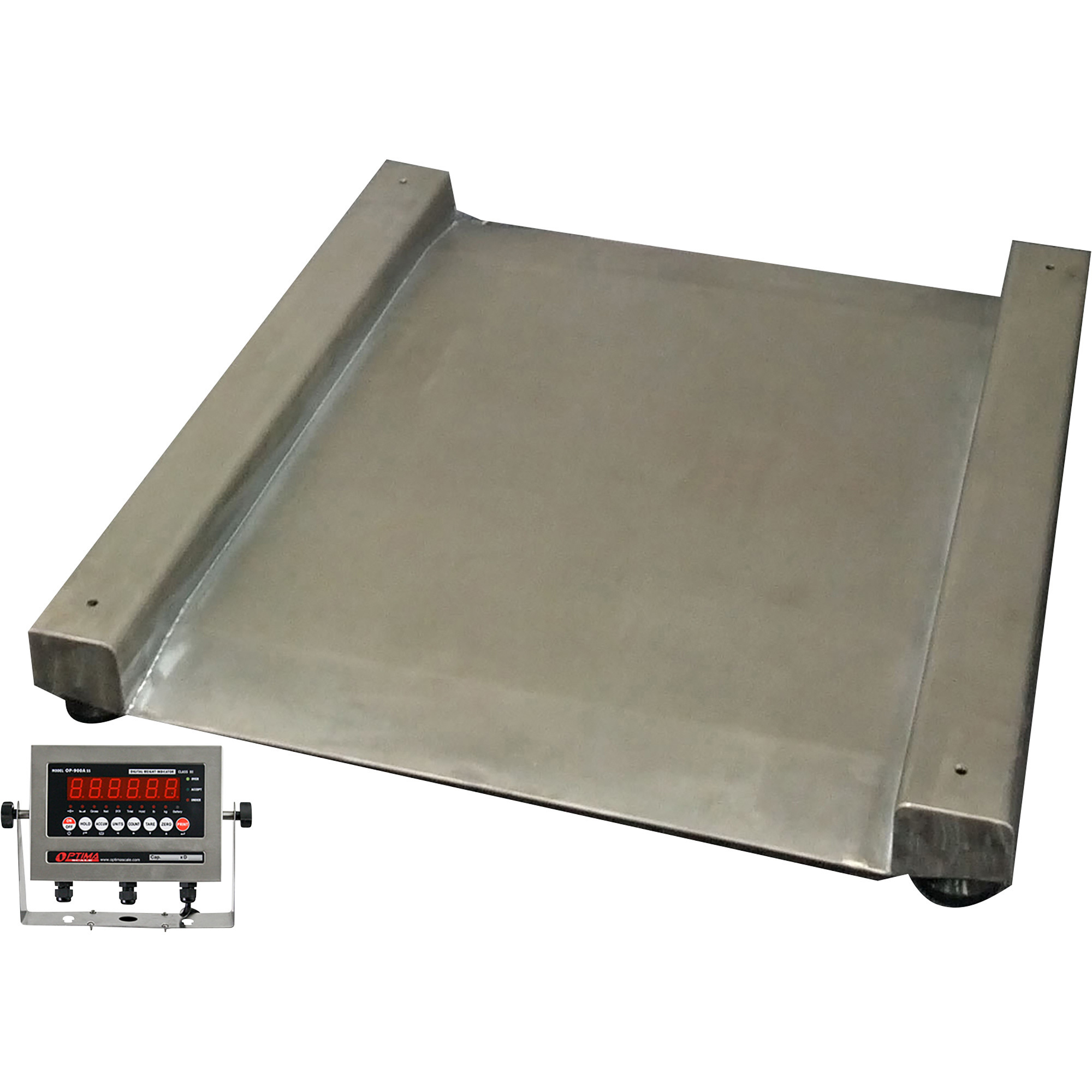 Optima Scale 36in.W x 36in.D Stainless Steel Wash-Down Portable Barrel/Drum Scale, 2,000-Lb. Capacity, 0.5-Lb. Display Increments, Model# OP-917SS-2828-2K